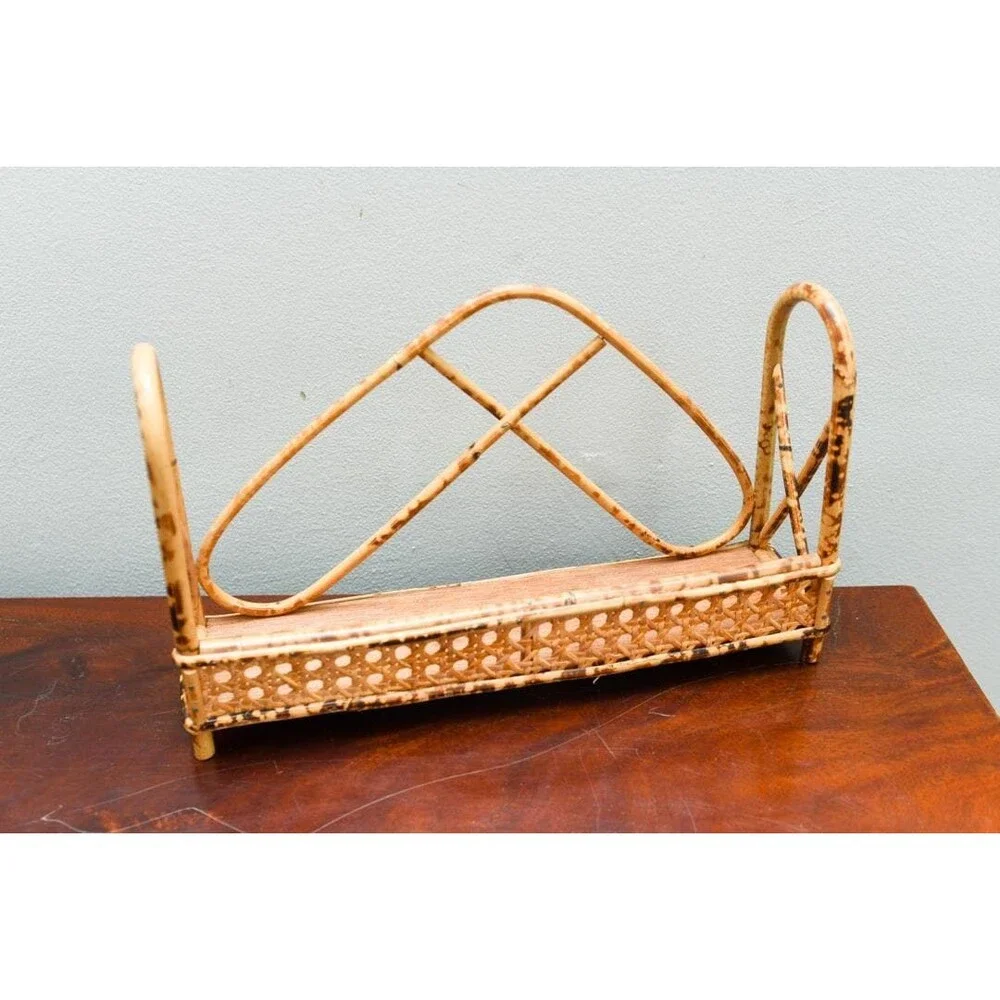 Vintage Burnt Bamboo & Cane Bathroom Shelf, Small Rattan Caddy, Boho French